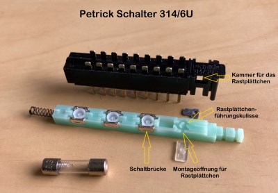 Zerlegter Petrick Schalter, alle Komponenten