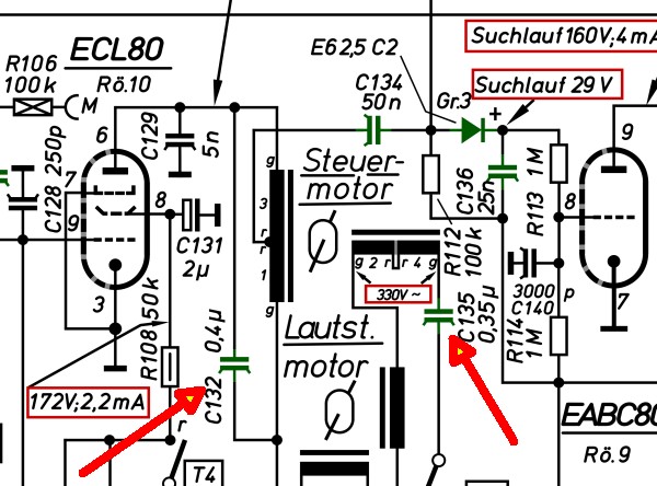 Saba Freiburg 7: Schaltbild Motor Kondensatoren. Ersetzen der Motorkondensatoren des Steuermotors / Abstimmmotors  für den Suchlauf